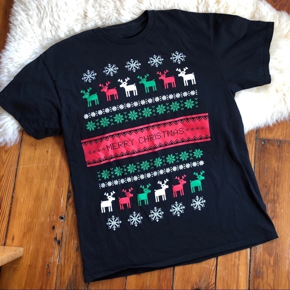 Mens Merry Christmas Fair Isle Print Stitched Tee